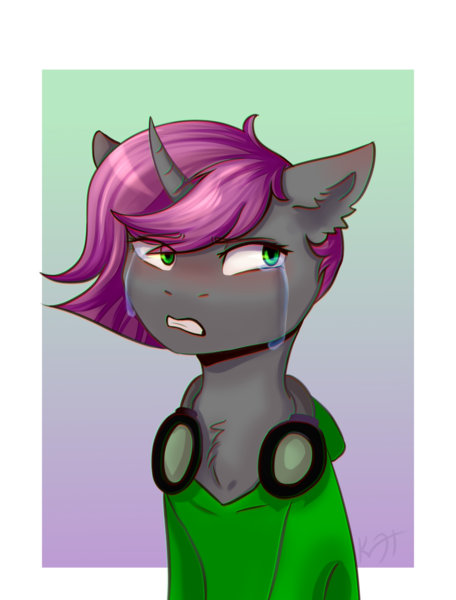 Size: 1900x2500 | Tagged: safe, artist:shiro-roo, derpibooru import, oc, oc:charcoal serenity, unofficial characters only, pony, unicorn, bust, clothes, commission, crying, female, gritted teeth, headphones, mare, portrait, solo, ych result