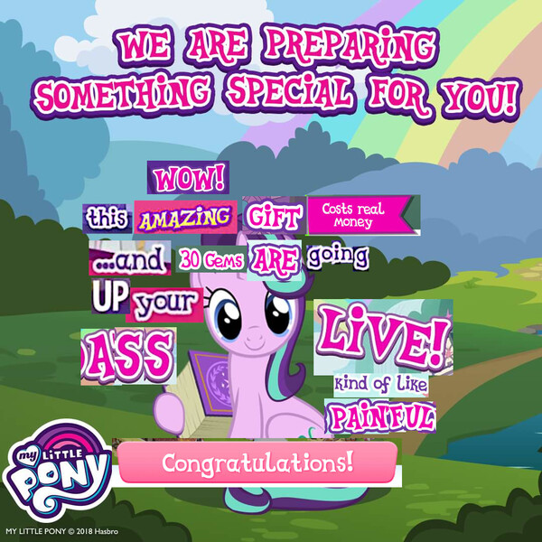 Size: 1080x1080 | Tagged: suggestive, derpibooru import, starlight glimmer, pony, unicorn, caption, costs real money, crack is cheaper, expand dong, exploitable meme, female, gameloft, image macro, implied anal insertion, implied insertion, mare, meme, solo, text, vulgar, wow! glimmer