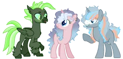 Size: 1928x922 | Tagged: safe, artist:gr0ttie, derpibooru import, oc, oc:alveolus, oc:northern skyline, oc:somber sunrise, changepony, classical hippogriff, hippogriff, hybrid, pony, unicorn, female, interspecies offspring, magical gay spawn, magical lesbian spawn, mare, offspring, parent:pinkie pie, parent:princess luna, parent:queen chrysalis, parent:shining armor, parent:stygian, parent:sunburst, parents:lunapie, parents:shining chrysalis, parents:styburst, simple background, transparent background