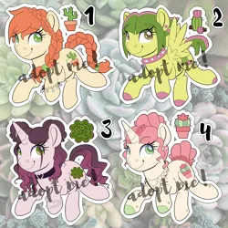 Size: 4000x4000 | Tagged: safe, artist:partylikeanartist, derpibooru import, oc, unofficial characters only, earth pony, pegasus, pony, unicorn, adoptable, bangles, bracelet, braid, cactus, charm bracelet, choker, collar, ear piercing, earring, female, jewelry, mare, necklace, ombre hair, piercing, plant, spiked choker, succulents