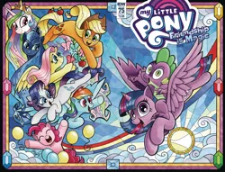 Size: 2356x1800 | Tagged: safe, artist:andypriceart, derpibooru import, idw, applejack, fluttershy, pinkie pie, princess celestia, princess luna, rainbow dash, rarity, spike, twilight sparkle, twilight sparkle (alicorn), alicorn, dragon, earth pony, pegasus, pony, unicorn, spoiler:comic, spoiler:comic75, balloon, cover, crown, female, jewelry, male, mane seven, mane six, mare, regalia