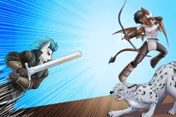 Size: 3600x2400 | Tagged: action pose, anthro, armpits, artist:d-lowell, big cat, bow, derpibooru import, fight, horns, kirin, leopard, oc, oc:onyx quill, oc:swift seraphic, octopath traveler, pegasus, safe, snow leopard, sword, swyx, tail, weapon, wings