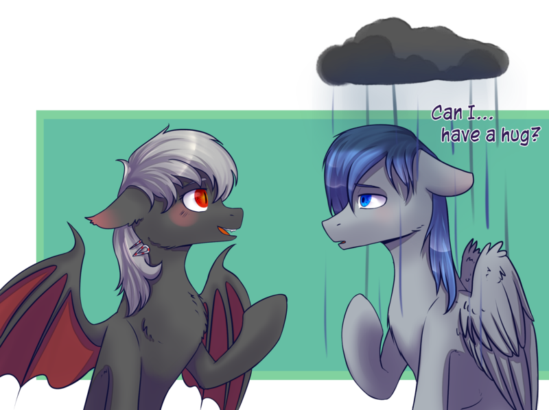 Size: 2500x1870 | Tagged: safe, artist:shiro-roo, derpibooru import, oc, oc:dusty fang, oc:silver, unofficial characters only, bat pony, pegasus, pony, bat pony oc, bat wings, cloud, commission, duo, rain, raincloud, sad, simple background, speech, talking, transparent background, wings, ych result