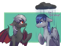 Size: 2500x1870 | Tagged: safe, artist:shiro-roo, derpibooru import, oc, oc:dusty fang, oc:silver, unofficial characters only, bat pony, pegasus, pony, bat pony oc, bat wings, cloud, commission, duo, rain, raincloud, sad, simple background, speech, talking, transparent background, wings, ych result