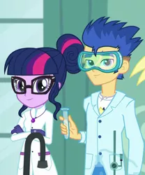 Size: 740x891 | Tagged: safe, derpibooru import, screencap, flash sentry, sci-twi, twilight sparkle, a queen of clubs, equestria girls, equestria girls series, clothes, coat, cropped, crossed arms, female, flask, geode of telekinesis, glasses, goggles, lab coat, laboratory, magical geodes, male, smiling, test tube