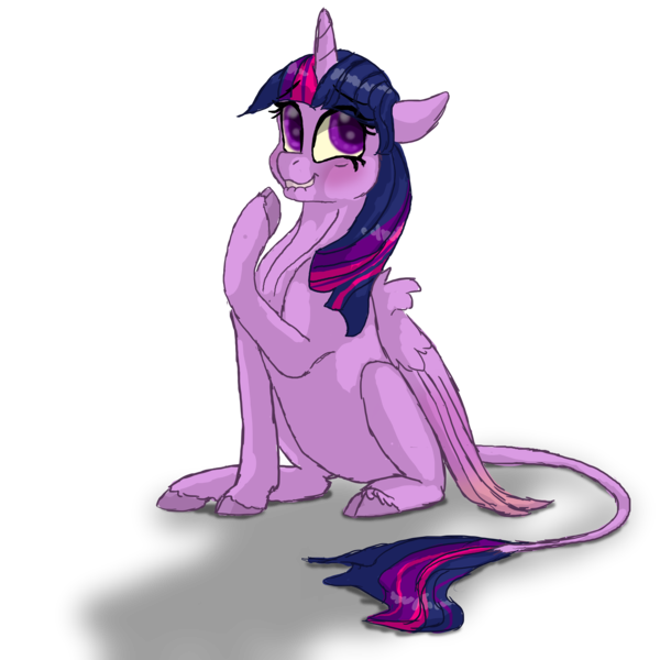 Size: 5000x5000 | Tagged: safe, artist:shaslan, derpibooru import, twilight sparkle, twilight sparkle (alicorn), alicorn, classical unicorn, pony, unicorn, absurd resolution, blushing, cloven hooves, folded wings, horn, leonine tail, lip bite, looking sideways, one hoof raised, shadow, simple background, sitting, solo, stifling laughter, transparent background, unshorn fetlocks, wings