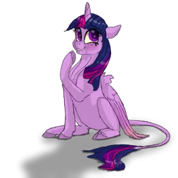 Size: 5000x5000 | Tagged: safe, artist:shaslan, derpibooru import, twilight sparkle, twilight sparkle (alicorn), alicorn, classical unicorn, pony, unicorn, absurd resolution, blushing, cloven hooves, folded wings, horn, leonine tail, lip bite, looking sideways, one hoof raised, shadow, simple background, sitting, solo, stifling laughter, transparent background, unshorn fetlocks, wings