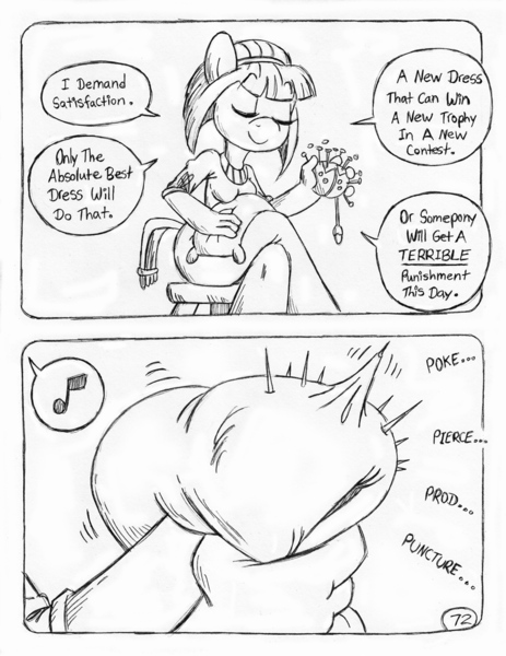 Size: 849x1100 | Tagged: anthro, artist:circe, black and white, blue nile, comic:soreloser, derpibooru import, grayscale, monochrome, pillow, pincushion, safe, traditional art, unguligrade anthro