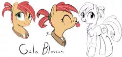 Size: 1231x580 | Tagged: safe, artist:wildrose, artist:wildrosemlp, derpibooru import, oc, oc:gala blossom, earth pony, pony, apple, female, food, green eyes, mare, red mane