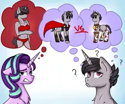 Size: 3000x2500 | Tagged: suggestive, artist:rskyfly, derpibooru import, starlight glimmer, oc, anthro, pony, unicorn, anthro with ponies, blindfold, breasts, clothes, commission, cosplay, costume, duo, female, gritted teeth, mare, question mark, thinking, underwear, ych result