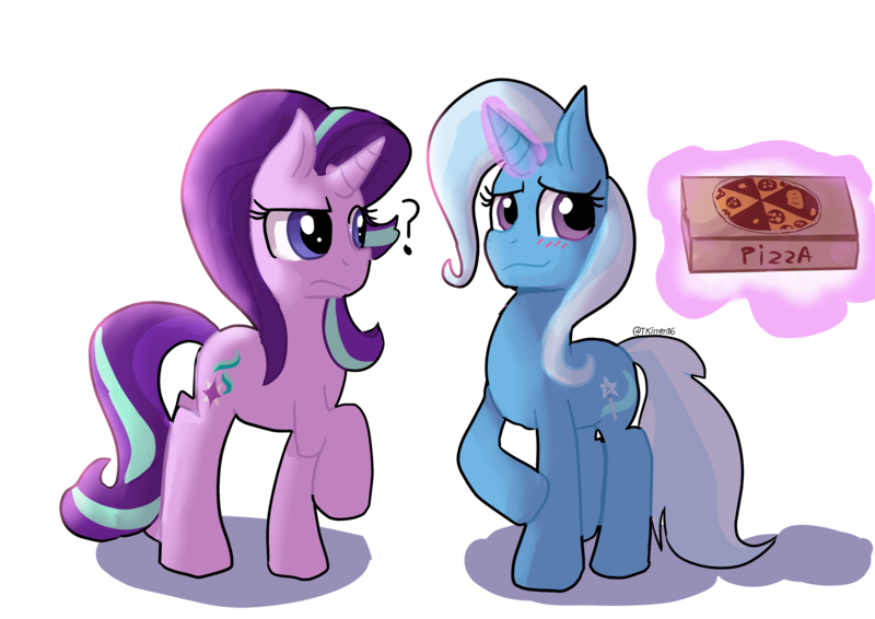 Size: 4093x2894 | Tagged: safe, artist:tkitten16, derpibooru import, starlight glimmer, trixie, pony, unicorn, blushing, female, food, lesbian, magic, pizza, pizza box, question mark, raised hoof, shipping, simple background, startrix, telekinesis, transparent background