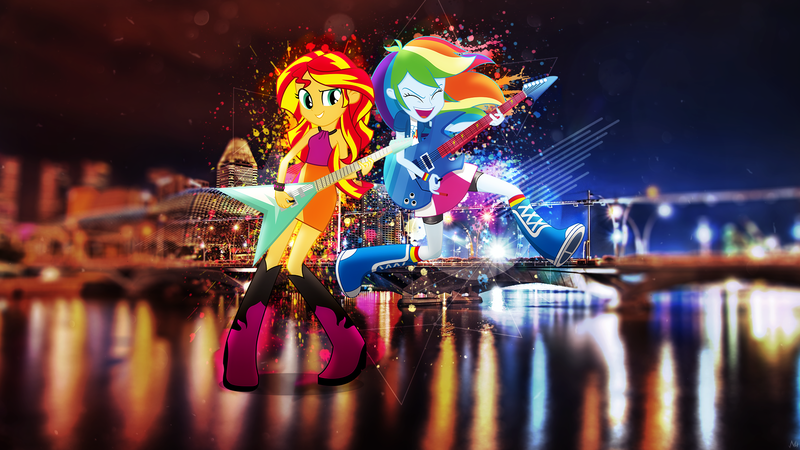 Size: 1920x1080 | Tagged: safe, artist:antylavx, artist:famousmari5, artist:joemasterpencil, derpibooru import, edit, rainbow dash, sunset shimmer, equestria girls, boots, city, clothes, compression shorts, electric guitar, eyes closed, guitar, guitar pick, musical instrument, open mouth, playing, shoes, shorts, singapore, skirt, sunset shredder, wallpaper, wallpaper edit