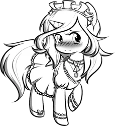 Size: 789x863 | Tagged: safe, artist:secret-pony, derpibooru import, oc, unofficial characters only, pony, unicorn, buck legacy, blushing, bow, card art, choker, clothes, female, garters, grayscale, jewelry, looking at you, maid, maid headdress, mare, monochrome, necklace, simple background, solo, transparent background