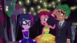 Size: 1280x720 | Tagged: safe, derpibooru import, screencap, gloriosa daisy, sci-twi, timber spruce, twilight sparkle, equestria girls, legend of everfree, bare shoulders, blushing, clothes, dress, female, glasses, male, shipping, sleeveless, straight, strapless, suit, timbertwi