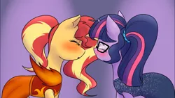 Size: 1366x768 | Tagged: safe, artist:jase1505, deleted from derpibooru, derpibooru import, sci-twi, sunset shimmer, twilight sparkle, ponified, pony, unicorn, series:sunlight horizons, equestria girls, alternate costumes, alternate hairstyle, blushing, clothes, dress, equestria girls ponified, eyes closed, female, imminent kissing, lesbian, scitwishimmer, shipping, simple background, sunsetsparkle, unicorn sci-twi, youtube link