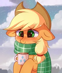 Size: 2724x3195 | Tagged: safe, artist:pesty_skillengton, derpibooru import, applejack, earth pony, pony, blushing, clothes, coffee, commission, commissioner:raritybro, cute, cutie mark, daaaaaaaaaaaw, female, floppy ears, heart eyes, hnnng, implied lesbian, implied rarijack, implied rarity, implied shipping, jackabetes, mare, scarf, smiling, solo, wingding eyes, winter, ych result