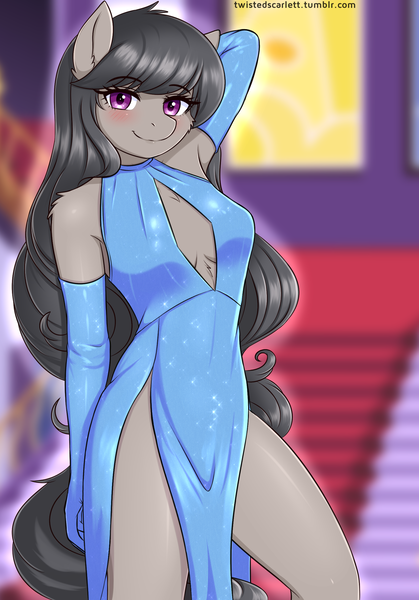 Size: 1682x2409 | Tagged: suggestive, artist:twistedscarlett60, derpibooru import, octavia melody, anthro, earth pony, absolute cleavage, arm behind head, armpits, beautiful, beautisexy, blushing, breasts, busty octavia, cheek fluff, chest fluff, cleavage, cleavage fluff, clothes, dress, ear fluff, evening gloves, female, gloves, large voluminous hair, long gloves, looking at you, mare, sexy, side slit, smiling, solo, standing, tail