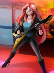 Size: 1477x2000 | Tagged: safe, artist:hardbrony, derpibooru import, sunset shimmer, human, equestria girls, badass, clothes, electric guitar, female, fingerless gloves, gloves, guitar, human coloration, humanized, leggings, looking at you, musical instrument, pants, solo, sunset shredder