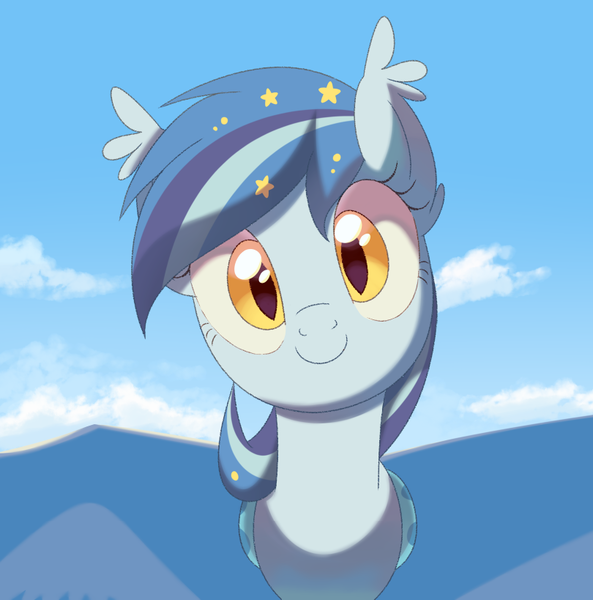 Size: 810x819 | Tagged: safe, artist:owlity, derpibooru import, oc, oc:star struck, unofficial characters only, bat pony, pony, cloud, cute, female, image, looking at you, png, sky, smiling, solo