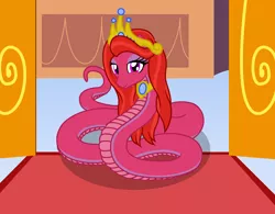 Size: 4268x3322 | Tagged: safe, artist:badumsquish, derpibooru import, oc, unofficial characters only, inkanyamba, original species, snake, snake pony, series:equestria and the world, beautiful, crown, cute, doorway, eyeshadow, female, jewelry, lidded eyes, long mane, looking at you, makeup, necklace, palace, queen, regalia, show accurate, smiling, snek, solo