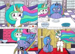 Size: 4247x3061 | Tagged: alicorn, artist:eternaljonathan, belly, big belly, bowl, burp, butt, canterlot, canterlot castle, comic, comic:first three back, derpibooru import, deviantart, dishes, door, fat, plot, princess celestia, princess luna, princess moonpig, royal sisters, safe, stuffed, sunbutt, thick, traditional art