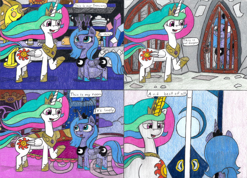 Size: 4264x3075 | Tagged: alicorn, artist:eternaljonathan, bed, belly, big belly, butt, canterlot, canterlot castle, comic, comic:first three back, crystal, derpibooru import, deviantart, door, dungeon, glass, gold, plot, princess celestia, princess luna, royal sisters, safe, statue, traditional art