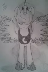 Size: 1024x1530 | Tagged: safe, artist:envygirl95, derpibooru import, princess luna, alicorn, pony, ethereal mane, eyes closed, female, gray background, grayscale, mare, monochrome, simple background, solo, spread wings, traditional art, wings