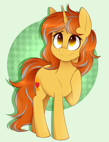 Size: 2010x2620 | Tagged: safe, artist:higgly-chan, derpibooru import, oc, oc:cinderheart, unofficial characters only, pony, unicorn, abstract background, commission, female, golden eyes, high res, mare, raised hoof, smiling, solo