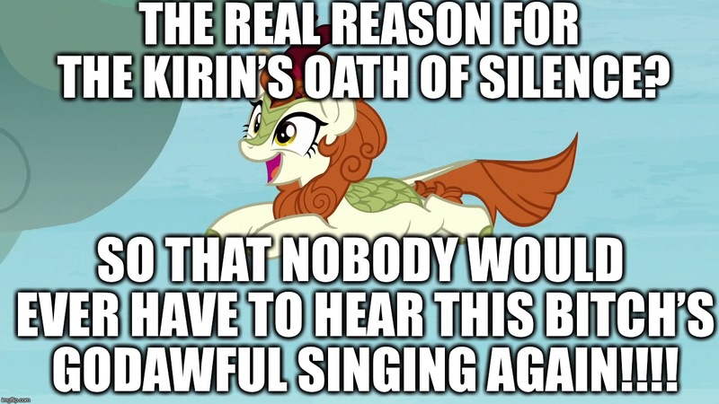 Size: 1280x720 | Tagged: a kirin tale, autumn blaze, autumnbuse, bait, bitch, blatant lies, caption, derpibooru import, downvote bait, edit, edited screencap, excessive exclamation marks, image macro, impact font, kirin, opinion, op is wrong, safe, screencap, singing, sounds of silence, text, vulgar