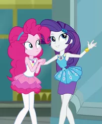 Size: 783x951 | Tagged: safe, derpibooru import, screencap, pinkie pie, rarity, equestria girls, equestria girls series, super squad goals, canterlot city, clothes, cropped, female, geode of shielding, geode of sugar bombs, hairband, magical geodes, pantyhose, skirt