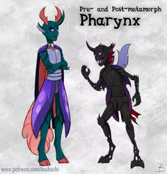 Size: 900x939 | Tagged: anthro, artist:inuhoshi-to-darkpen, changedling, changeling, cloven hooves, colored hooves, compound eyes, crossed arms, derpibooru import, gray background, human, humanized, humanoid, insectoid, male, pharynx, prince pharynx, safe, scar, simple background, solo, unguligrade anthro