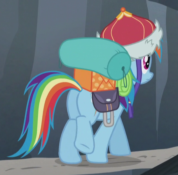 Size: 641x630 | Tagged: safe, derpibooru import, screencap, rainbow dash, pegasus, pony, the lost treasure of griffonstone, butt, cropped, female, hat, mare, mongolian shepherd hat, plot, rainbutt dash, raised leg, solo