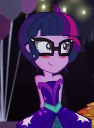 Size: 396x540 | Tagged: safe, derpibooru import, screencap, sci-twi, twilight sparkle, equestria girls, legend of everfree, bare shoulders, blushing, clothes, cropped, cute, daaaaaaaaaaaw, dress, female, glasses, sleeveless, solo, strapless, twiabetes