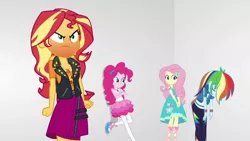 Size: 1920x1080 | Tagged: safe, derpibooru import, screencap, fluttershy, pinkie pie, rainbow dash, sunset shimmer, equestria girls, equestria girls series, rollercoaster of friendship, angry, geode of empathy, geode of fauna, geode of sugar bombs, geode of super speed, magical geodes, red face, sudden realization, sunset shimmer is not amused, unamused