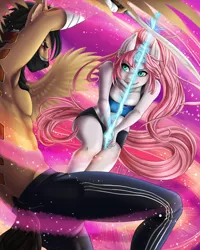 Size: 1600x2000 | Tagged: safe, artist:dannalin, artist:whisperira, derpibooru import, oc, oc:rosie quartz, unofficial characters only, anthro, pegasus, unicorn, anthro oc, armpits, clothes, commission, female, magic weapon, male, mare, sparring, stallion, sword, weapon, ych result