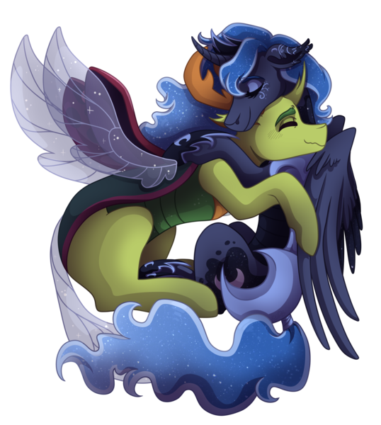 Size: 3500x3900 | Tagged: safe, artist:kikirdcz, derpibooru import, princess luna, thorax, alicorn, changedling, changeling, pony, cute, eyes closed, female, king thorax, lunabetes, male, mare, misleading thumbnail, shipping, simple background, smiling, straight, thorabetes, thuna