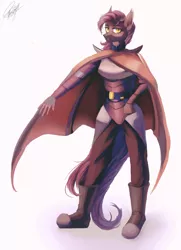 Size: 2600x3600 | Tagged: safe, artist:orfartina, derpibooru import, oc, oc:dawn sentry, unofficial characters only, anthro, bat pony, plantigrade anthro, anthro oc, bat pony oc, bat wings, belt, boots, cape, clothes, female, mare, shoes, signature, simple background, smiling, solo, white background, wings