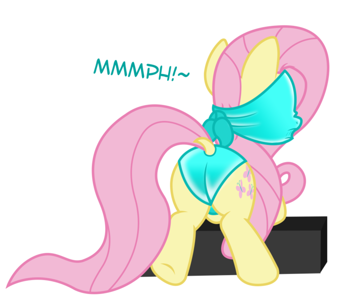 Size: 1112x991 | Tagged: suggestive, alternate version, artist:darkstorm619, derpibooru import, fluttershy, pegasus, pony, breathplay, butt, clothes, dock, female, flutterbutt, gag, latex, leotard, muffled moaning, over the nose gag, plot, simple background, solo, transparent background