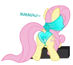 Size: 1112x991 | Tagged: suggestive, alternate version, artist:darkstorm619, derpibooru import, fluttershy, pegasus, pony, breathplay, butt, clothes, dock, female, flutterbutt, gag, latex, leotard, muffled moaning, over the nose gag, plot, simple background, solo, transparent background