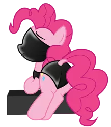 Size: 848x973 | Tagged: suggestive, alternate version, artist:darkstorm619, derpibooru import, pinkie pie, earth pony, pony, asphyxiation, breathplay, butt, clothes, dock, female, gag, latex, leotard, over the nose gag, plot, simple background, smiling, solo, transparent background