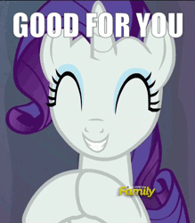 Size: 395x450 | Tagged: safe, derpibooru import, edit, edited screencap, screencap, rarity, pony, unicorn, gauntlet of fire, animated, caption, clapping, cropped, cute, discovery family logo, eyes closed, female, gif, gif with captions, good for you, happy, image macro, impact font, mare, raribetes, reaction gif, sarcasm, smiling, solo, talking to viewer, text