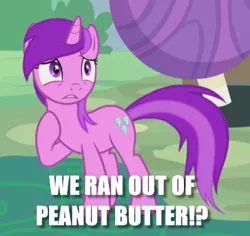 Size: 443x418 | Tagged: safe, derpibooru import, amethyst star, pony, caption, exclamation point, image macro, interrobang, question mark, text, that pony sure loves peanut butter