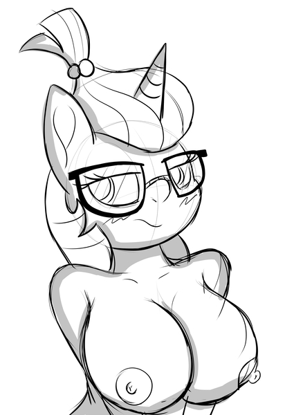 Size: 2059x3000 | Tagged: anthro, artist:an-tonio, breasts, busty moondancer, derpibooru import, female, glasses, lineart, monochrome, moondancer, nipples, nudity, questionable, solo