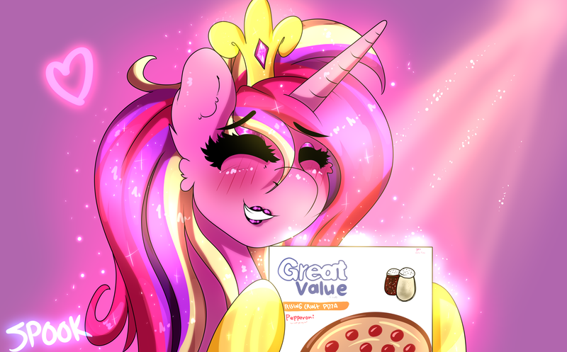 Size: 3480x2160 | Tagged: safe, artist:aaa-its-spook, derpibooru import, princess cadance, alicorn, pony, blushing, crepuscular rays, crown, cute, cutedance, eyes closed, eyeshadow, female, food, great value, happy, horn, jewelry, lipstick, makeup, mare, meat, meme, peetzer, pepperoni, pepperoni pizza, pizza, ponies eating meat, regalia, smiling, solo, sparkly mane, that pony sure does love pizza, waifu