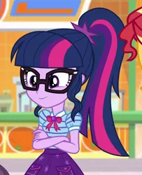 Size: 854x1054 | Tagged: safe, derpibooru import, screencap, sci-twi, twilight sparkle, equestria girls, equestria girls series, rollercoaster of friendship, bowtie, clothes, cropped, crossed arms, female, geode of telekinesis, glasses, magical geodes, ponytail, skirt, smiling, solo