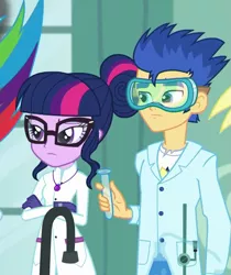 Size: 743x884 | Tagged: safe, derpibooru import, screencap, flash sentry, sci-twi, twilight sparkle, a queen of clubs, equestria girls, equestria girls series, clothes, cropped, crossed arms, female, geode of telekinesis, glasses, gloves, goggles, lab coat, magical geodes, male, science