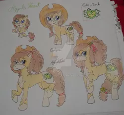 Size: 1024x949 | Tagged: safe, artist:monse2001, derpibooru import, oc, oc:apple heart, earth pony, pony, age progression, baby, baby pony, coat markings, colored pencil drawing, cowboy hat, cutie mark, deviantart watermark, female, filly, freckles, hair tie, hat, mare, obtrusive watermark, offspring, oversized hat, parent:applejack, parent:caramel, parents:carajack, pigtails, raised hoof, solo, splotches, traditional art, watermark
