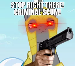 Size: 818x720 | Tagged: safe, derpibooru import, edit, edited screencap, screencap, pony, unicorn, sweet and elite, caption, cropped, delet this, desert eagle, elder scrolls, eye laser, glowing eyes, glowing eyes meme, gun, hand, handgun, image macro, impact font, male, meme, oblivion, pistol, royal guard, shitposting, stallion, suddenly hands, text, the elder scrolls, weapon