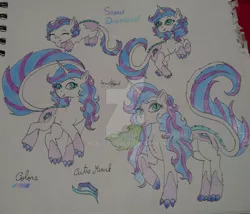 Size: 1024x875 | Tagged: safe, artist:monse2001, derpibooru import, oc, oc:snow diamond, dracony, dragon, hybrid, pony, unicorn, age progression, baby, claws, color palette, colored pencil drawing, cutie mark, deviantart watermark, female, filly, fire, fire breath, interspecies offspring, leonine tail, mare, obtrusive watermark, offspring, parent:rarity, parent:spike, parents:sparity, slit eyes, solo, traditional art, watermark