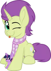 Size: 854x1200 | Tagged: safe, artist:binkyt11, derpibooru import, twilight sparkle, twilight sparkle (alicorn), oc, oc:sky spark, unofficial characters only, alicorn, pony, unicorn, 2019 community collab, derpibooru community collaboration, .svg available, :p, :t, clothes, faic, female, looking at you, mare, one eye closed, plushie, scarf, silly, simple background, smiling, smirk, solo, svg, tongue out, transparent background, twiface, vector, wink
